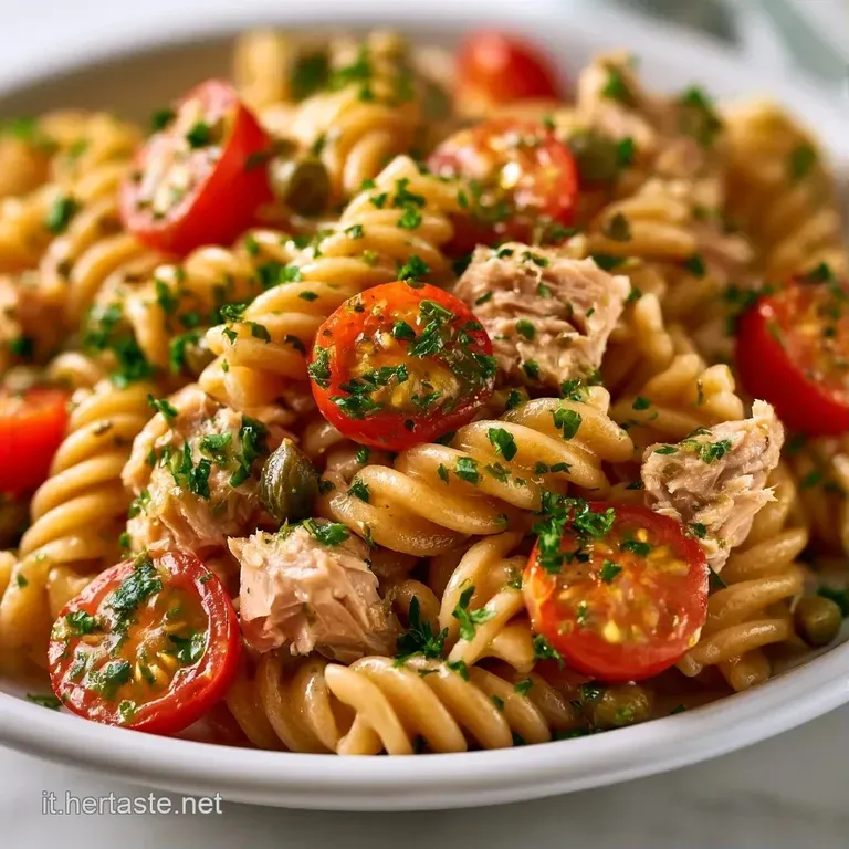 Pasta disposta con cura in un piatto bianco, decorata con pomodorini succosi, tonno sminuzzato e un filo d'olio dorato.