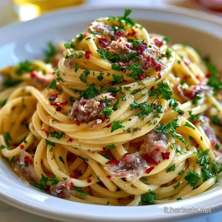 Elegante nido di pasta avvolto in una crema chiara e setosa, adagiato su un piatto bianco con tocchi di verde fresco.