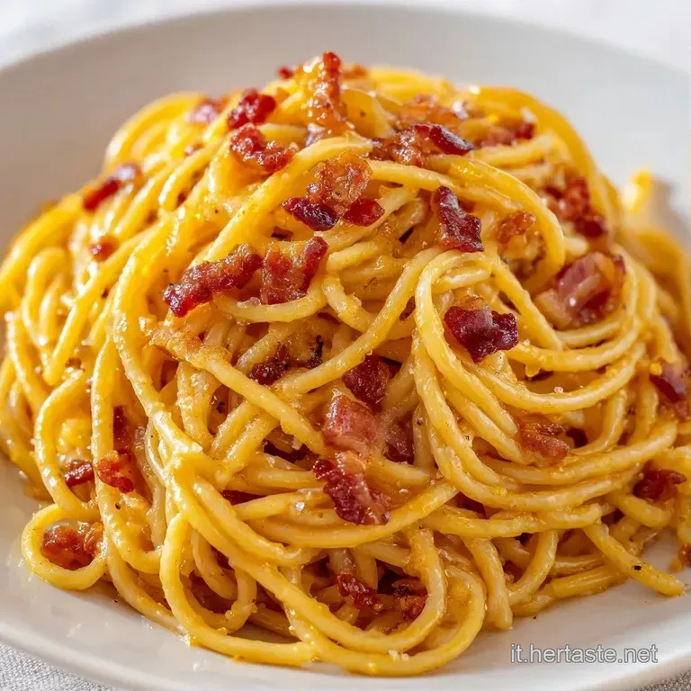 Un nido di pasta lucida e cremosa in un piatto bianco, guarnito con cubetti dorati e una pioggia di pepe macinato.