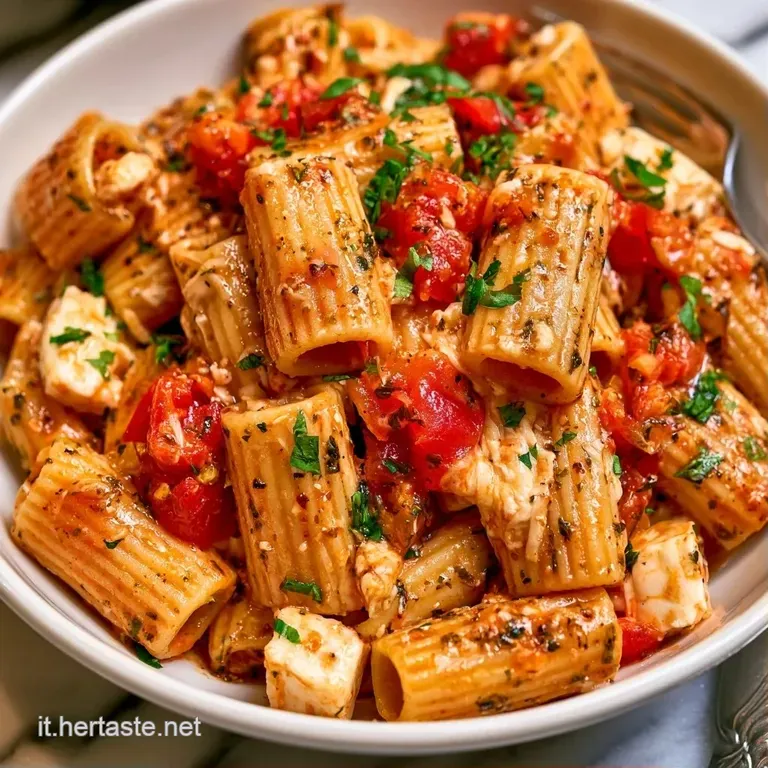 Pasta disposta con cura, gocce di olio dorato lucido tra pomodori rossi vivaci e morbidi fiocchi di mozzarella bianca.
