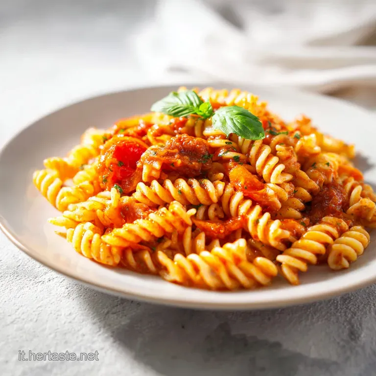 A rustic ceramic bowl overflows with rich red pasta, topped with fresh basil leaves and grated cheese.