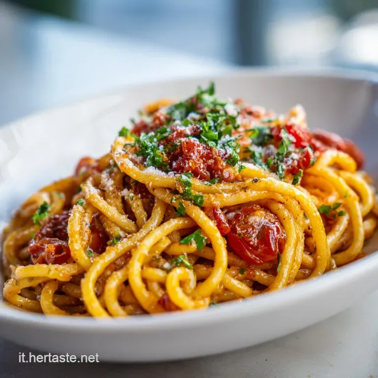 Elegant plate of twirled pasta glistening with tomato sauce; basil leaves add a fresh pop of green against the white plate.