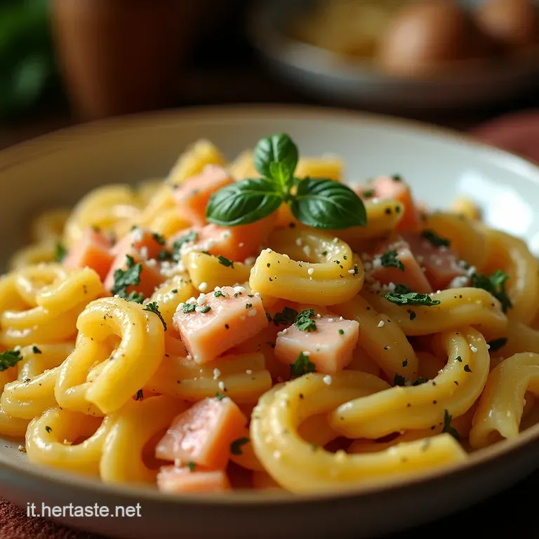 Pasta Alla Bellini Fusilli Freschi Con Crema Leggera Di Pesca Basilico E Ricotta Salata presentation