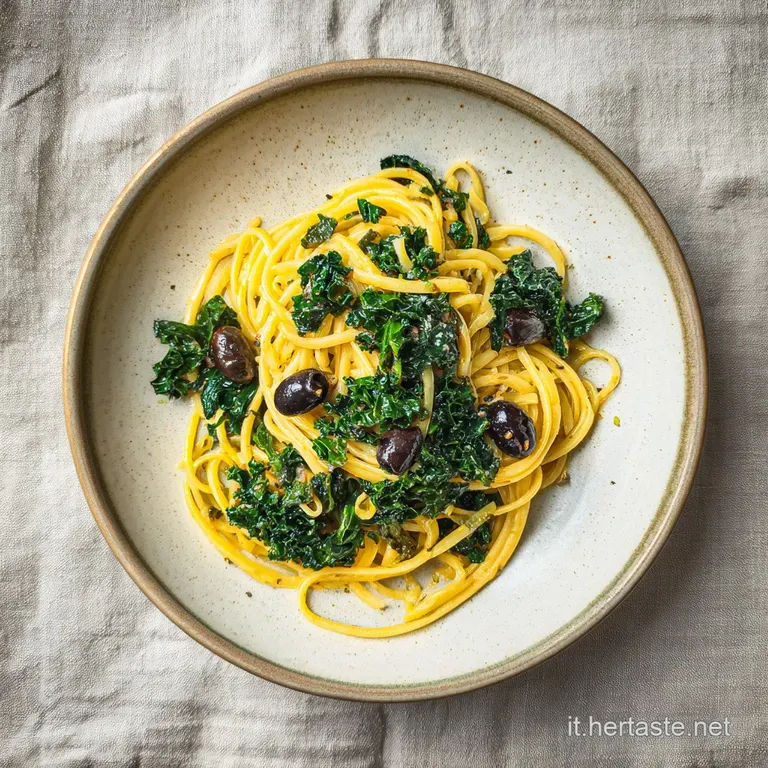 A forkful of vibrant pasta with kale and olives, piled high on a white plate, steam rising slightly, ready to be enjoyed.