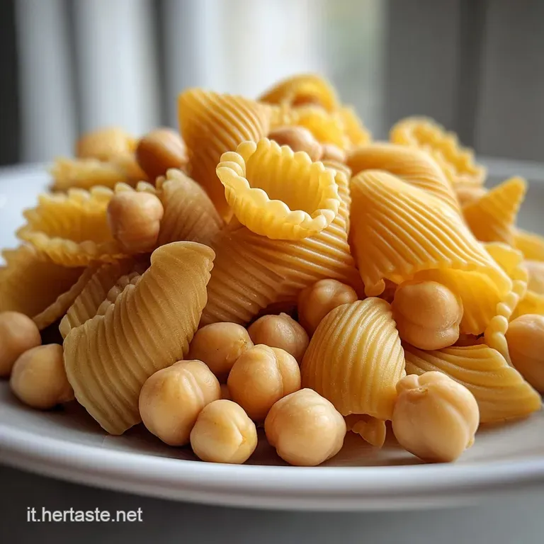 Elegant plate of pasta and chickpeas, topped with fresh parsley and a drizzle of golden olive oil on a rustic wooden table.