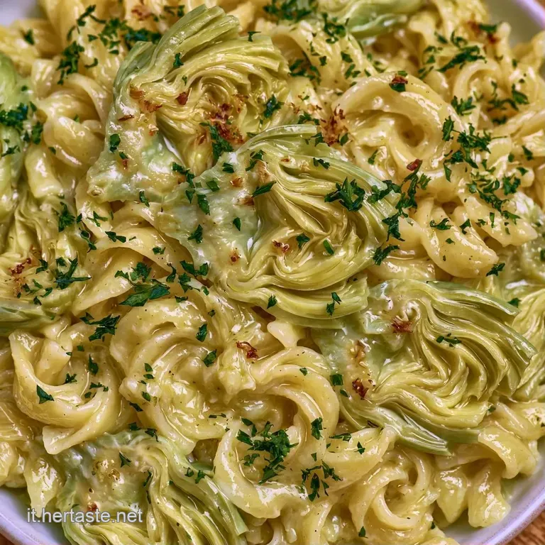 Piatto bianco minimale con un nido di pasta vellutata, foglie di carciofo croccanti e un filo d'olio dorato lucido.