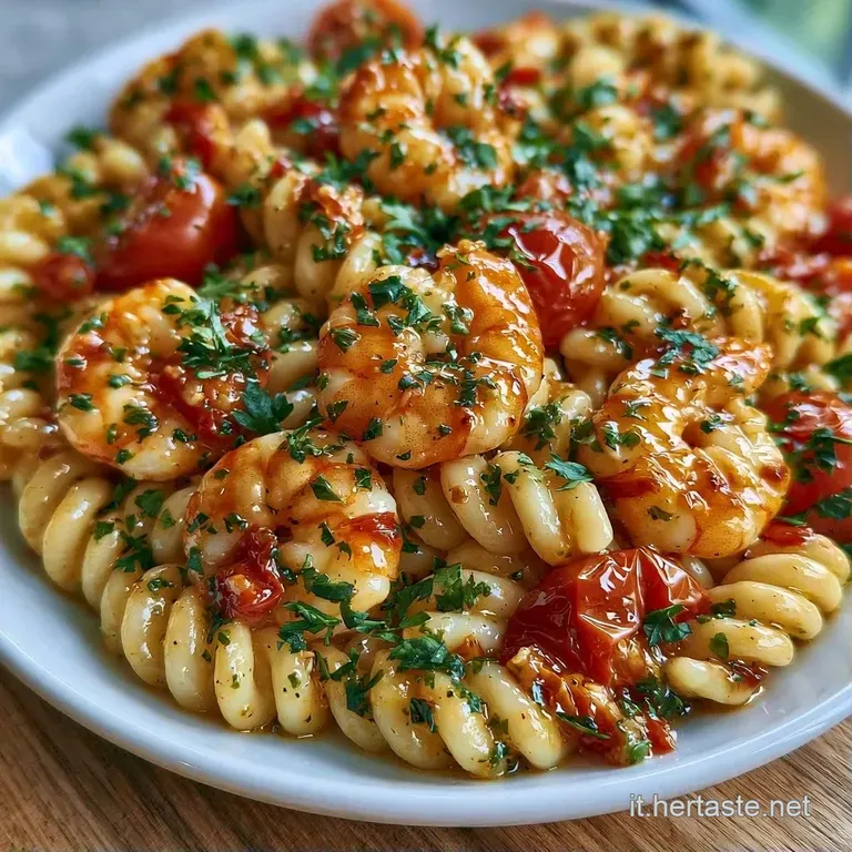 Spirali di pasta lucida ornate da crostacei rosso vivo e gocce di olio dorato, disposte con cura su fondo chiaro.
