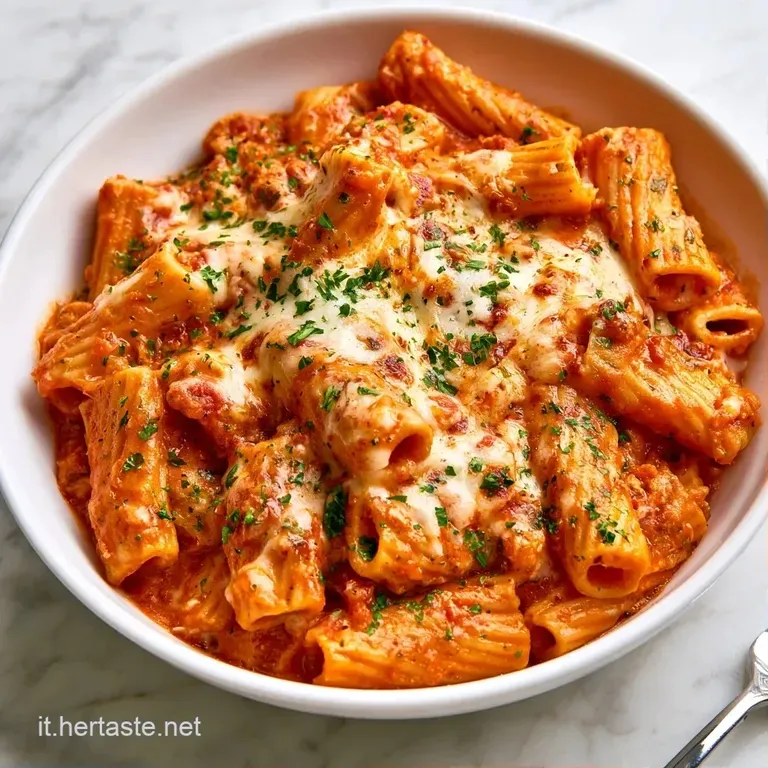 Piatto bianco con pasta cremosa, fiocchi di mozzarella filante e tocchi di verde brillante su sfondo neutro ed elegante.