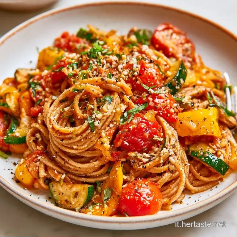 Piatto di pasta colorata con verdure croccanti, guarnito con foglie di basilico fresco e scaglie di formaggio bianco.