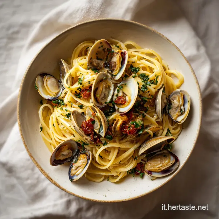 A generous portion of linguine with tender clams, showered with fresh parsley and a hint of lemon zest.