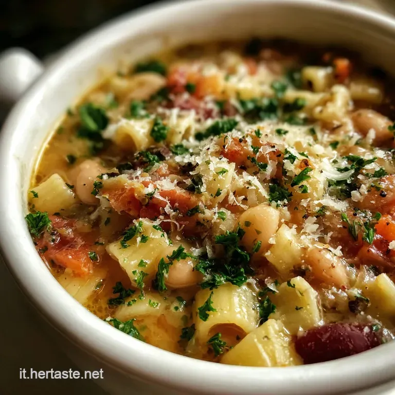 A spoonful lifts creamy pasta e fagioli, steam rising. Glistening broth, tender pasta, and herbs signal a comforting, eleg...