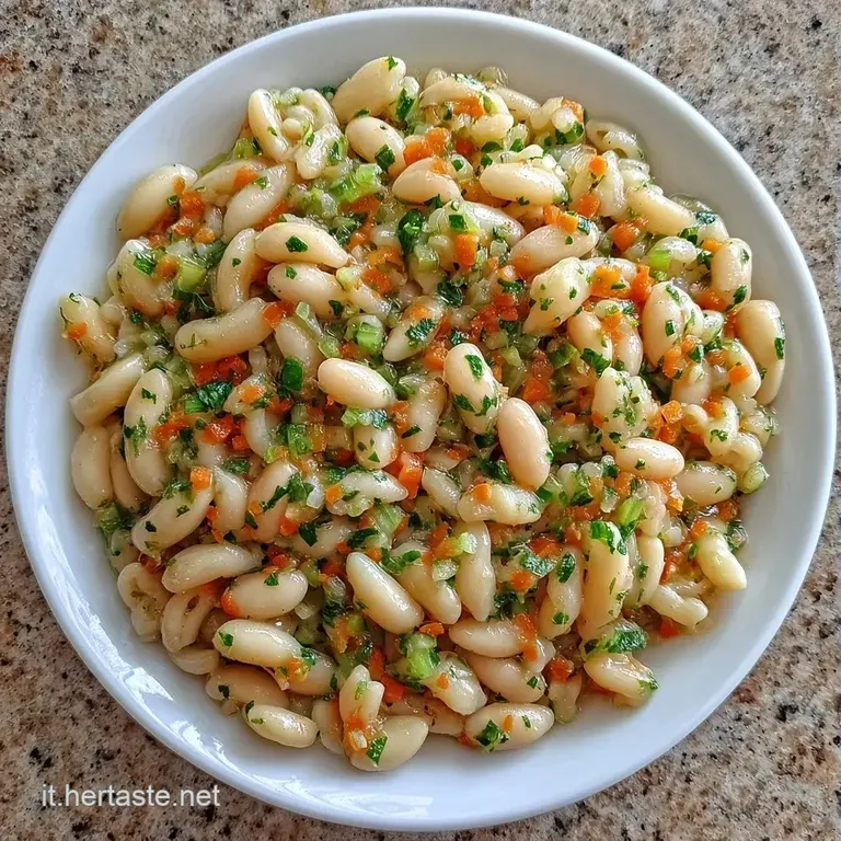 Crema di fagioli vellutata in piatto bianco, decorata con foglioline di prezzemolo verde brillante e grani di pepe nero.