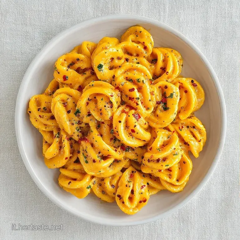 Pasta cremosa arancione disposta in un piatto bianco, decorata con scaglie di grana e un tocco di pepe nero macinato.