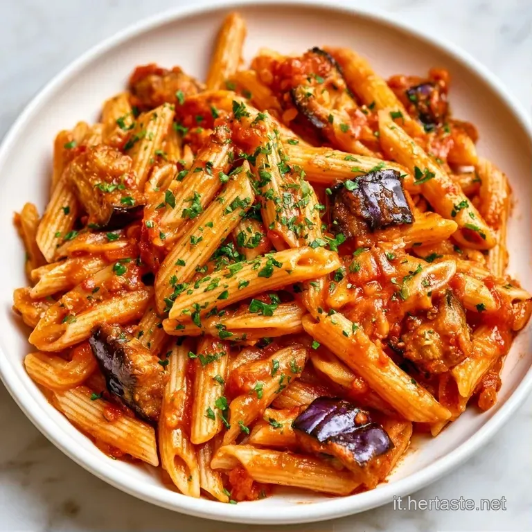 Pasta fredda in piatto bianco con salsa di pomodoro, melanzane croccanti, scaglie di ricotta bianca e basilico brillante.