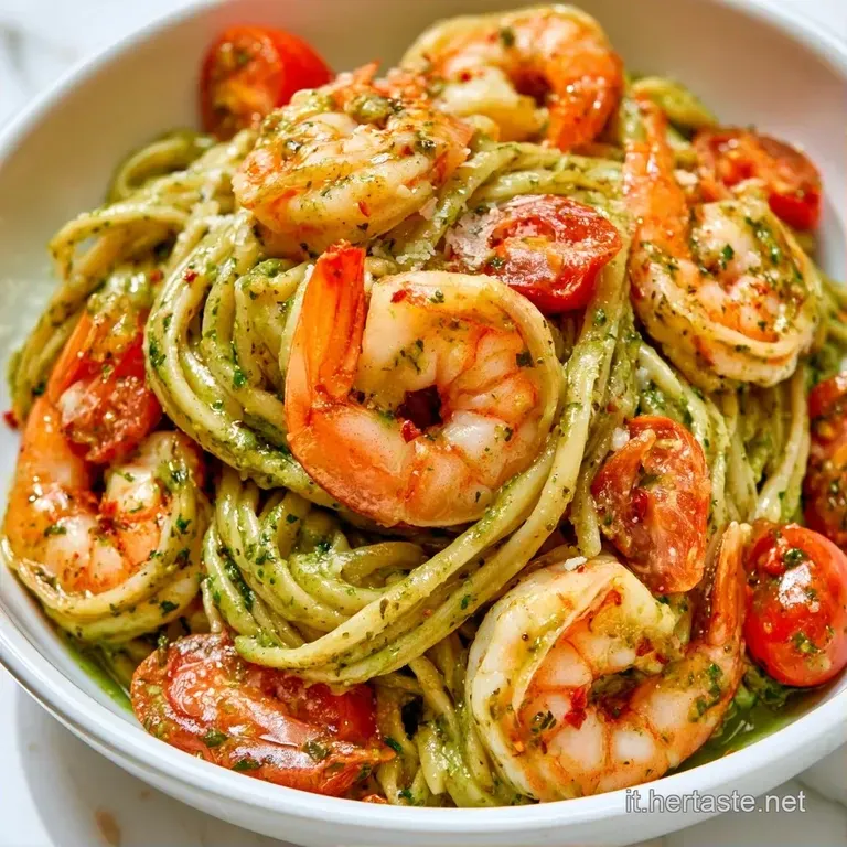 Composizione elegante di pasta cremosa al pesto verde, gamberetti rosa succulenti e foglie di basilico su piatto bianco.