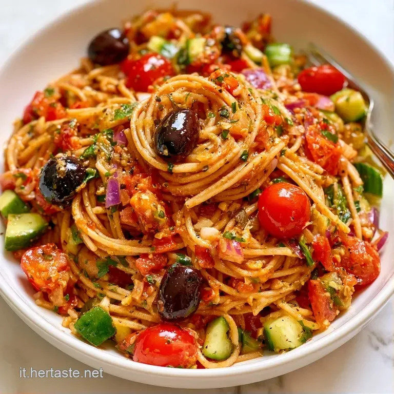 Composezione curata di pasta corta condita a olio, con olive nere lucide e tocchi di verde brillante in un piatto moderno.