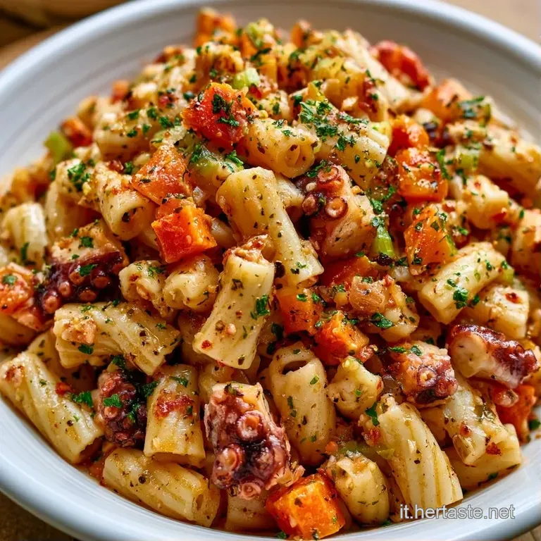 Composizione ordinata di pasta fredda con polpo tenero, gocce d'olio dorato e foglie di prezzemolo su ceramica chiara.
