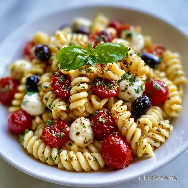 Pasta fredda disposta elegantemente con pomodorini brillanti, mozzarella morbida e un filo d'olio extravergine lucido.