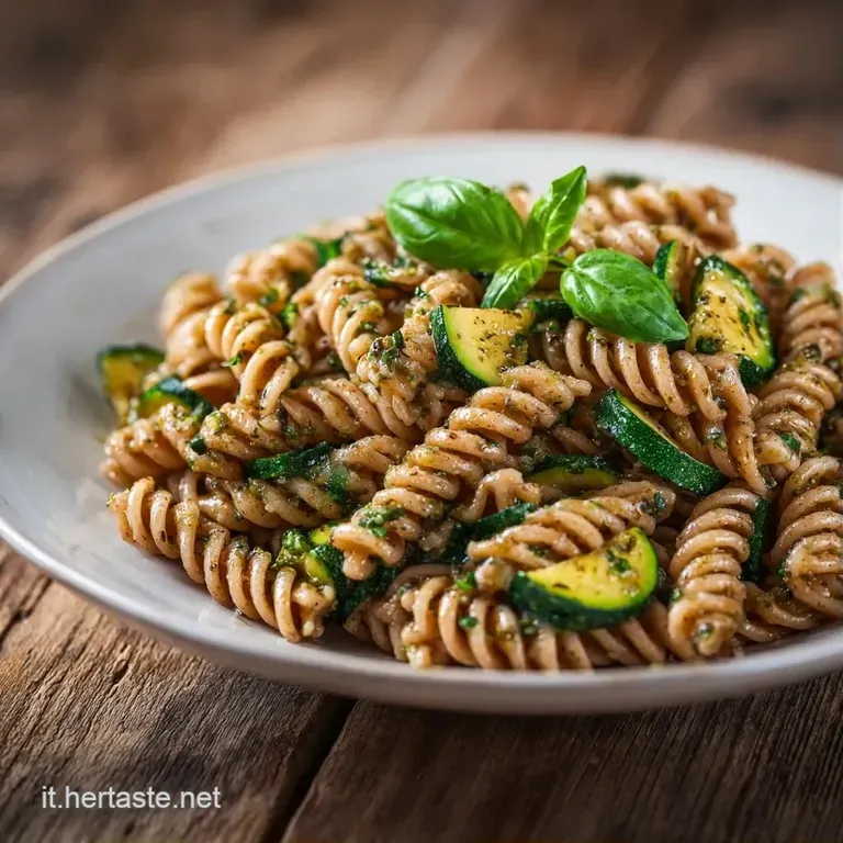 Composizione curata di pasta fredda con zucchine a julienne, foglioline di basilico fresco e luce naturale soffusa.