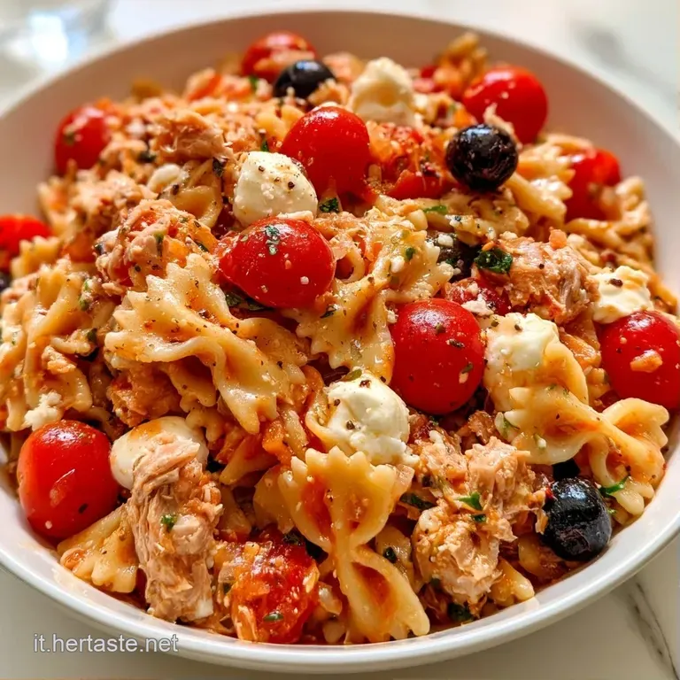Piatto ceramico bianco con pasta colorata, olive nere lucide e cubetti di formaggio fresco disposti con cura e armonia.