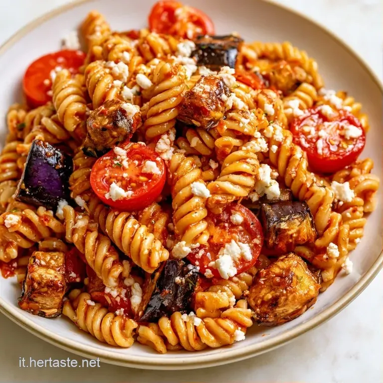 Piatto in ceramica bianca con pasta lucida, contrasto tra melanzane dorate, feta candida e un filo d'olio extravergine.