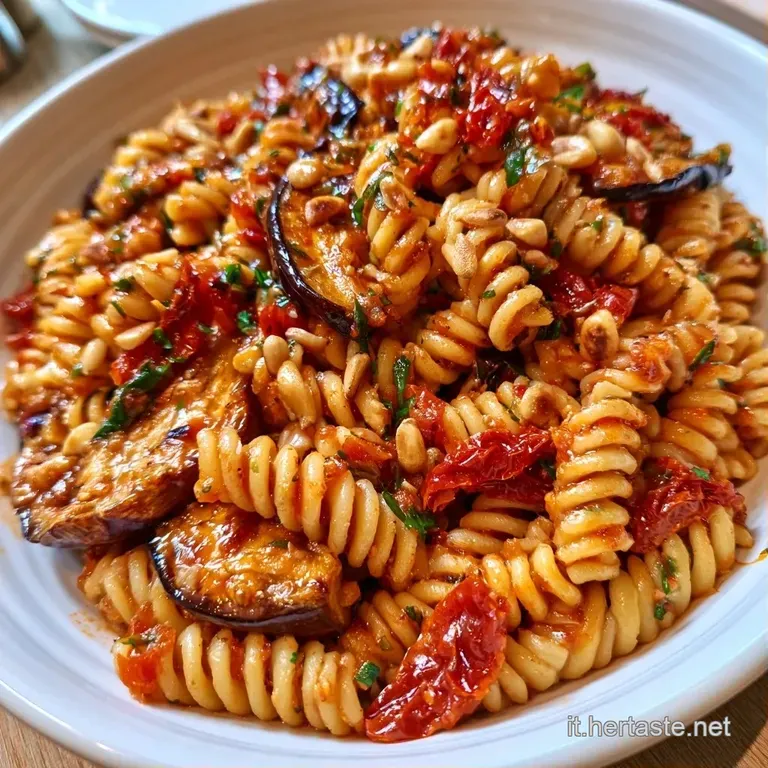 Piatto di ceramica bianca con pasta fredda, melanzane morbide, pomodori succosi e un lucido filo d'olio d'oliva.