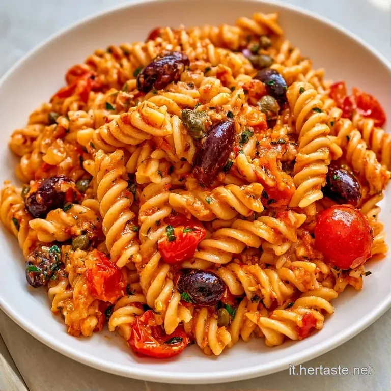 Composizione curata di pasta a spirale con olive scure e olio brillante, servita in una ciotola di ceramica chiara.