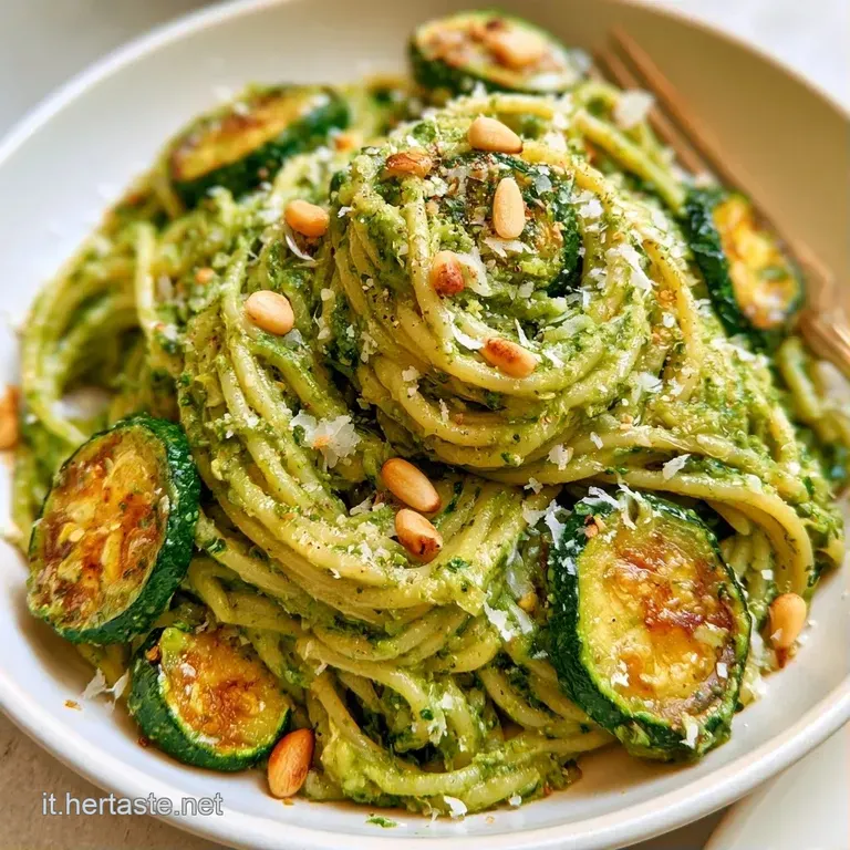 Pasta cremosa verde disposta con cura in un piatto bianco, guarnita con scaglie di formaggio e pinoli tostati dorati.