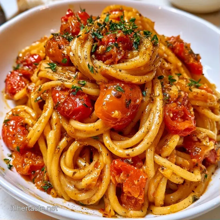 Pasta fredda disposta con cura in un piatto bianco, decorata con pomodori confit caramellati e basilico verde brillante.