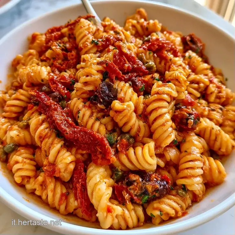 Composizione ordinata di pasta corta condita con pomodori secchi rugosi, gocce di olio dorato e un tocco di pepe nero.