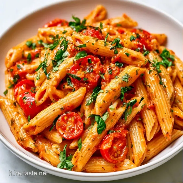 Piatto bianco con pasta fredda, pomodorini succosi e basilico, decorato con un filo d'olio dorato e grani di pepe nero.