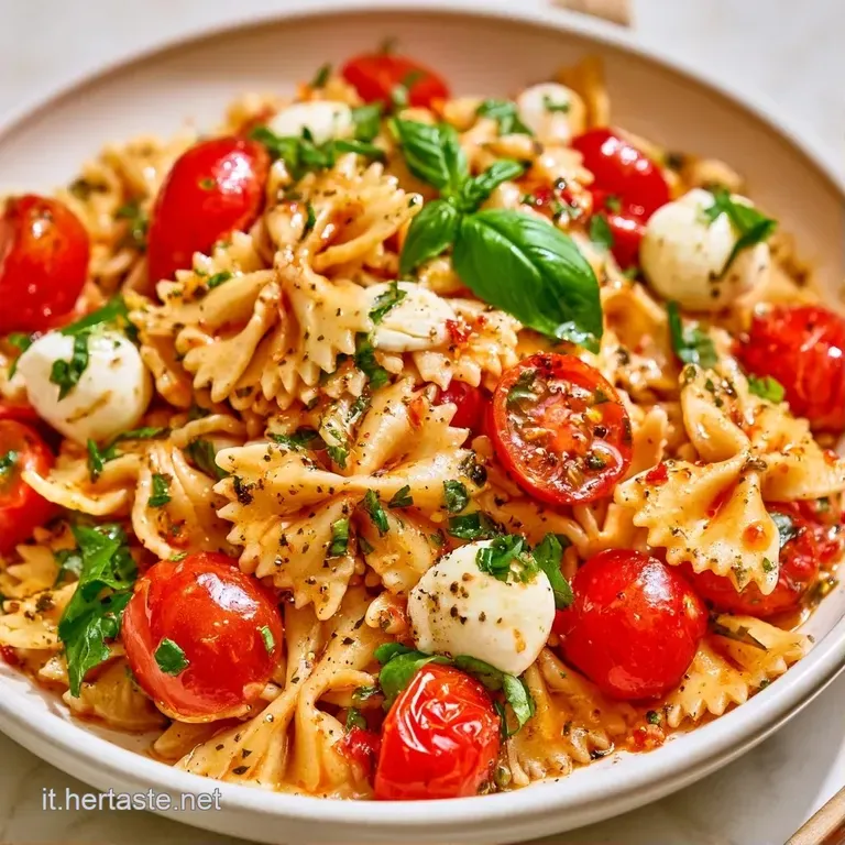 Piatto di pasta fredda decorato con cubetti di mozzarella morbida, pomodorini succosi e un filo d'olio lucido e dorato.