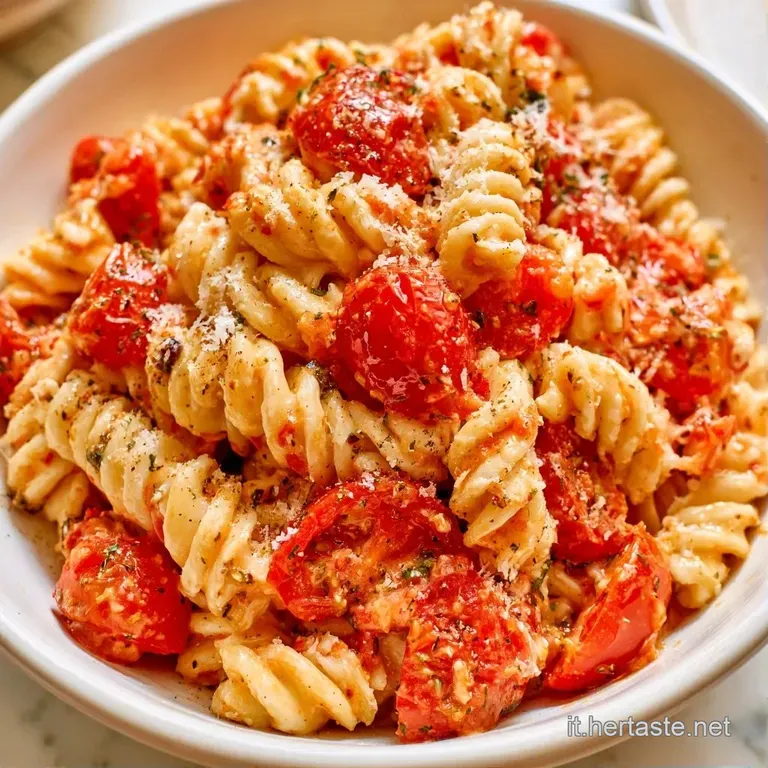 Piatto di ceramica bianca con pasta cremosa, pomodorini tagliati a met&agrave; e un filo d'olio dorato che brilla alla luce.