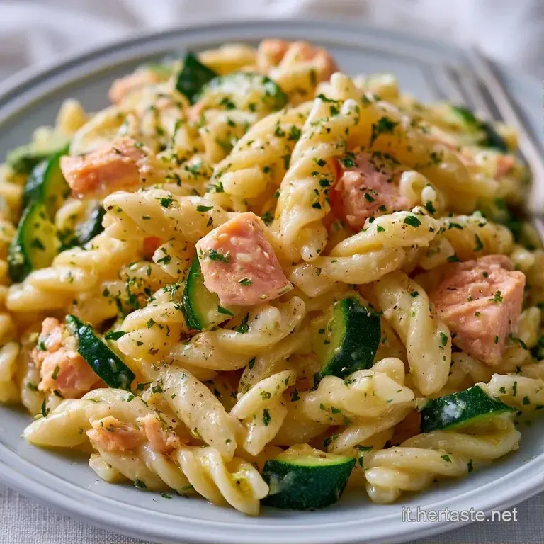 Pasta cremosa con pezzetti di salmone rosato e zucchine croccanti disposti con cura in un piatto bianco moderno.