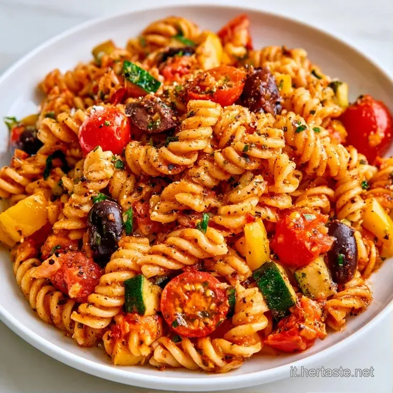 Pasta fredda colorata in un piatto bianco, decorata con olive nere e un filo d'olio extravergine d'oliva lucente.