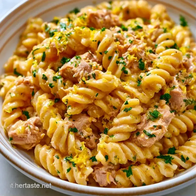 Piatto bianco con pasta lucida, scaglie di tonno naturale e piccoli cubetti di limone, illuminato da luce naturale chiara.