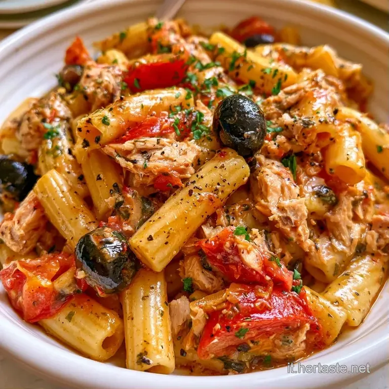 Composizione curata di pasta fredda con olive nere lucide e tonno, servita in un piatto bianco con un filo d'olio.
