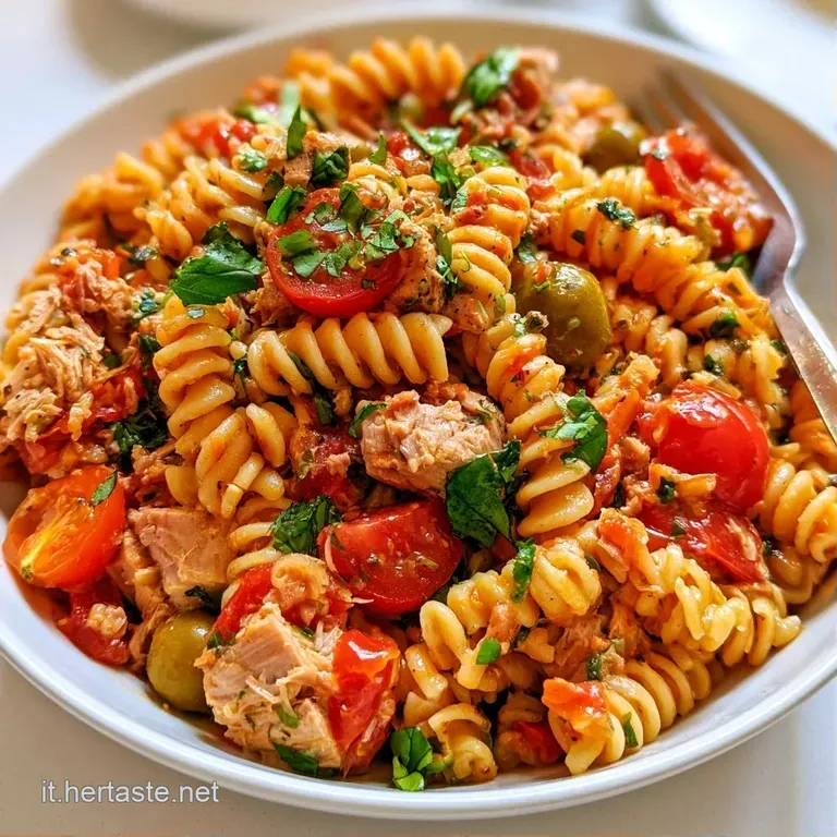 Piatto bianco con pasta fredda condita, piccoli pomodori ciliegino rosso vivo e tonno, guarnito con un filo d'olio.
