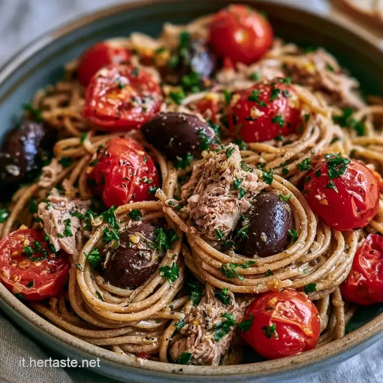 Composizione curata in ciotola bianca con pasta condita a pomodorini succosi, tonno naturale e un filo d'olio dorato.