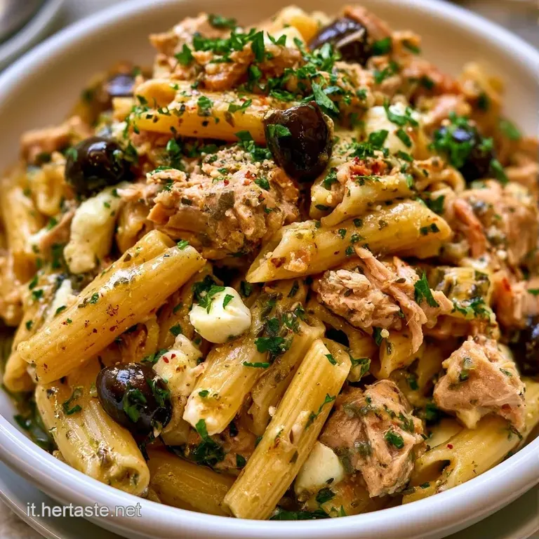 Pasta fredda disposta con cura in un piatto bianco, decorata con erbe fresche e tonno sminuzzato dalla texture morbida.