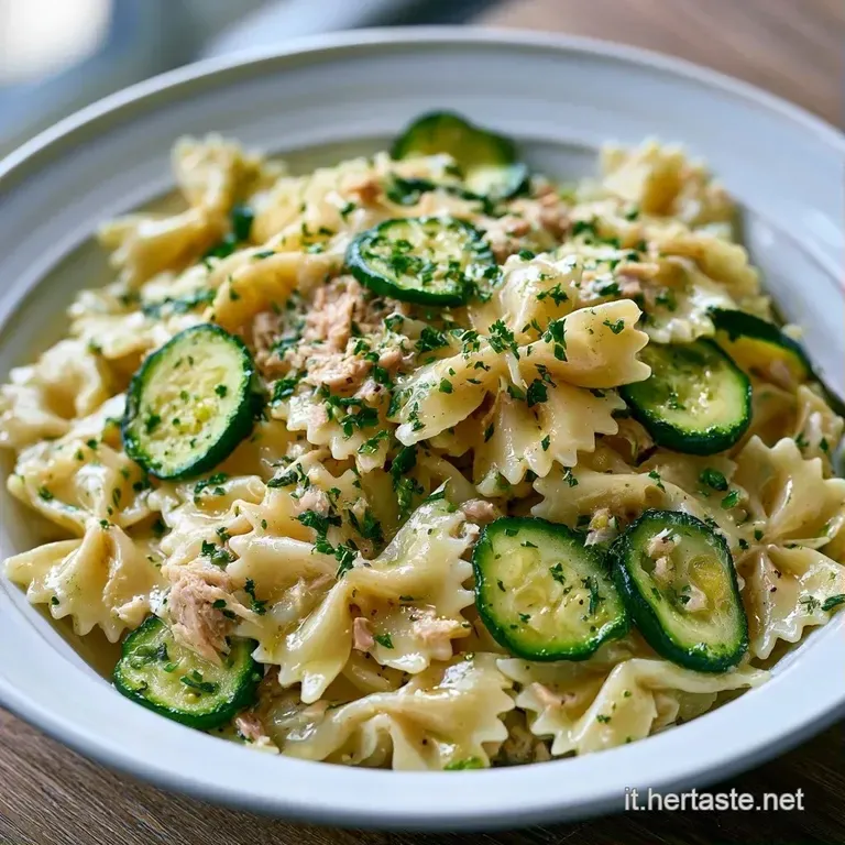 Pasta corta fresca in una ciotola di ceramica, decorata con rondelle di zucchine verdi e scaglie di tonno rosato lucido.