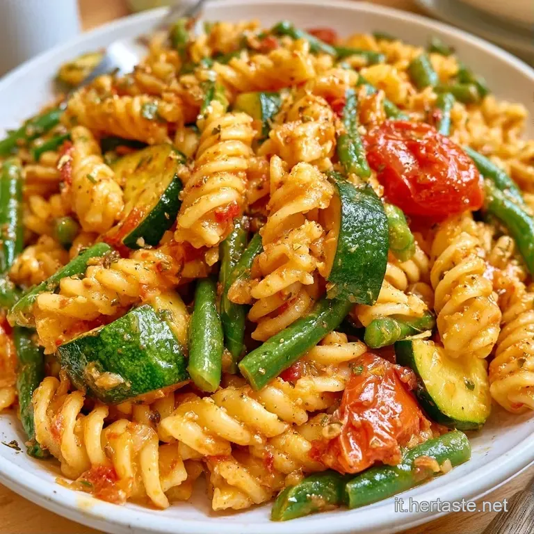 Piatto di ceramica con pasta dorata, guarnita con foglie di basilico verde e verdure fresche sotto una luce naturale.