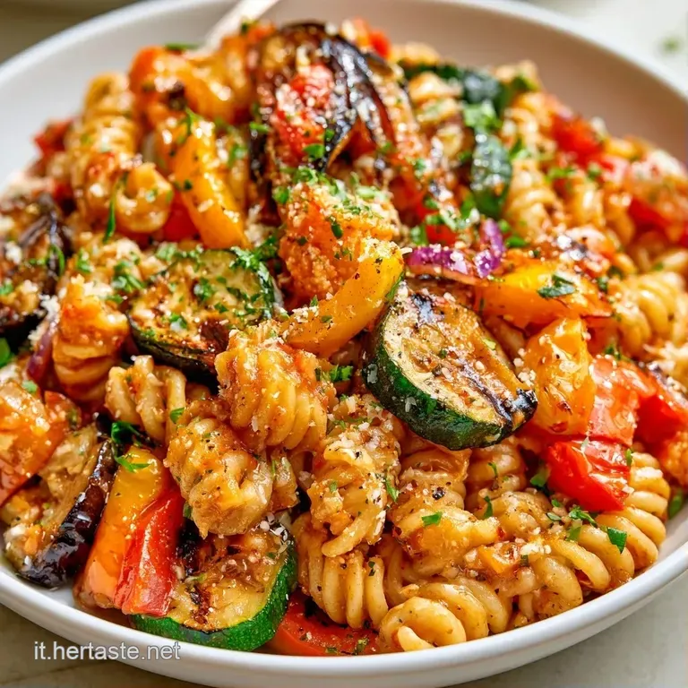Composizione curata di pasta fredda con strisce di verdure bruciacchiate, scaglie di formaggio bianco e un tocco di verde.