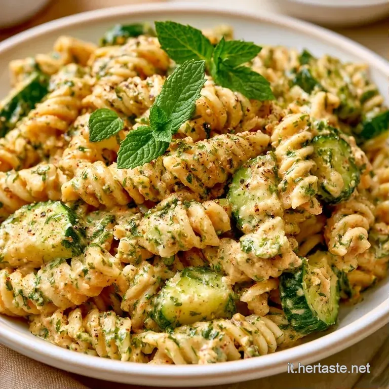 Composizione curata di pasta fredda con zucchine croccanti e menta, illuminata da una luce naturale che esalta il verde.