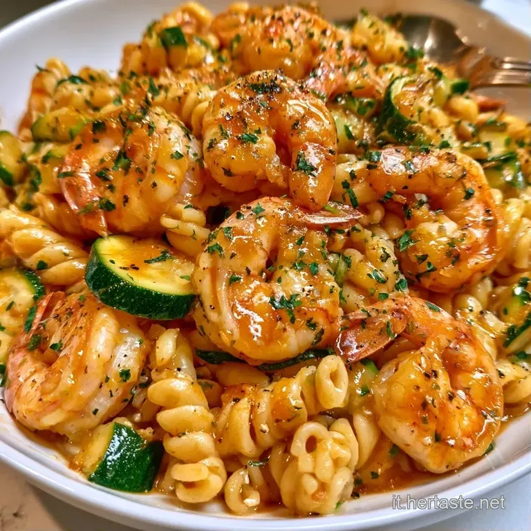 Pasta fredda disposta con cura in un piatto bianco, contrasto tra il verde brillante e l'arancio dei gamberetti.