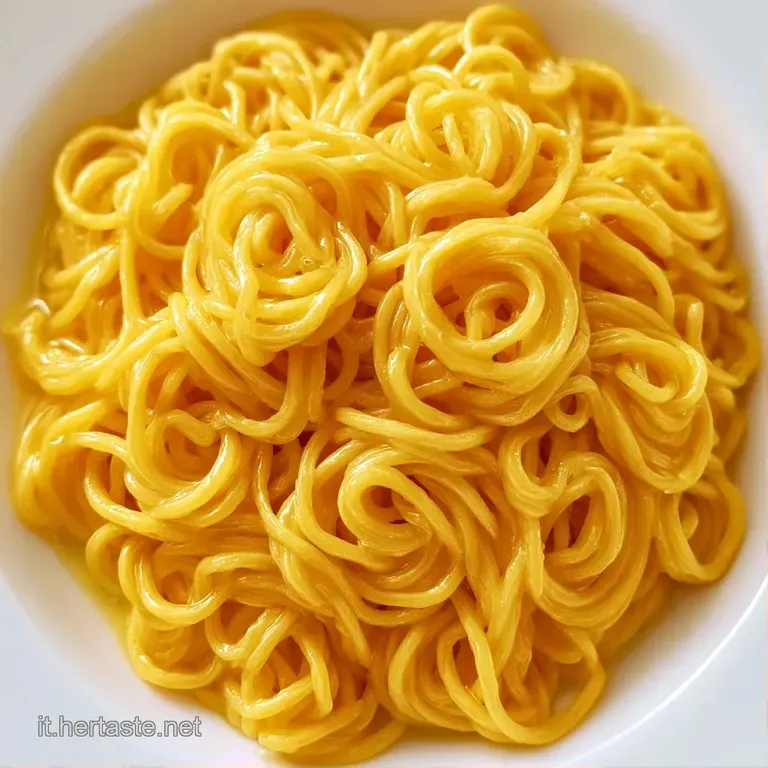 Nido di pasta gialla brillante disposto con cura su piatto bianco, guarnito da una foglia di basilico verde intenso.