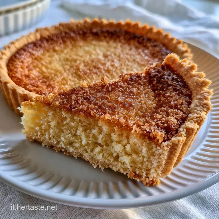 Una fetta di torta croccante color crema adagiata su un piatto bianco, con una texture compatta e un bordo dorato.