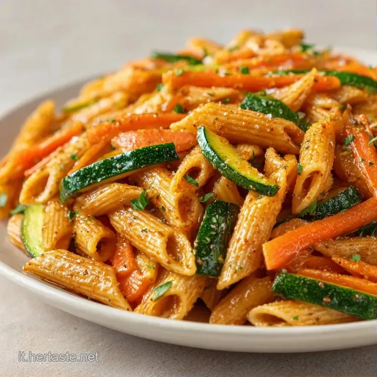Piatto bianco con nido di pasta integrale scura, piccoli cubetti di verdure colorate e una spolverata di formaggio bianco.