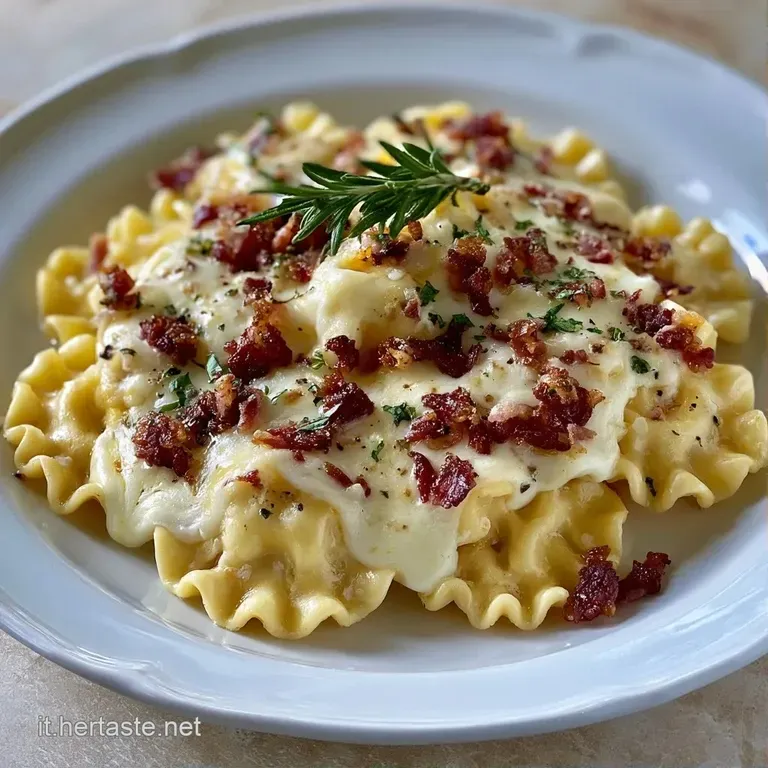 Piatto di ceramica con vellutata di patate e pasta, consistenza densa e cremosa con inserti di provola filante.