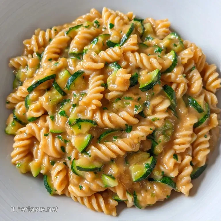 Un piatto di pasta cremosa color avorio, decorata con foglie di prezzemolo fresco e formaggio grattugiato che si scioglie.